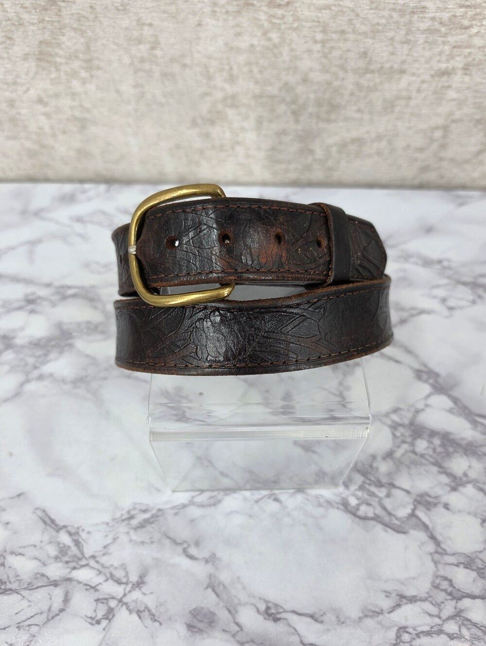 Vintage Western Tooled Sequoia Pine Cone Leather Belt Brass Buckle